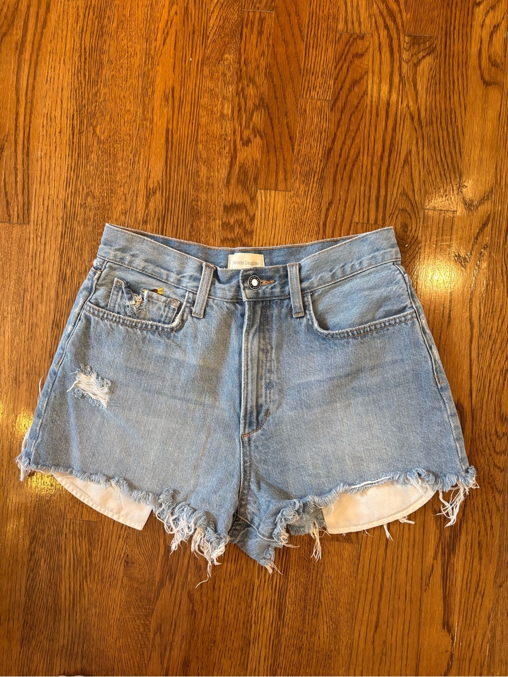 Favorite Daughter Juni High Rise Light Blue Distressed Denim Shorts